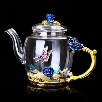 กาน้ำชาแก้วลายดอกไม้ 380 มล. พร้อมชุดกาน้ำชาวินเทจลายดอกไม้ขอบทอง Gold